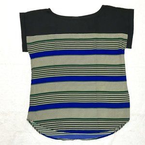 Sky Plus Blouse Shirt Womens Size 1X Blue Black Green Cream Stripes Short Sleeve